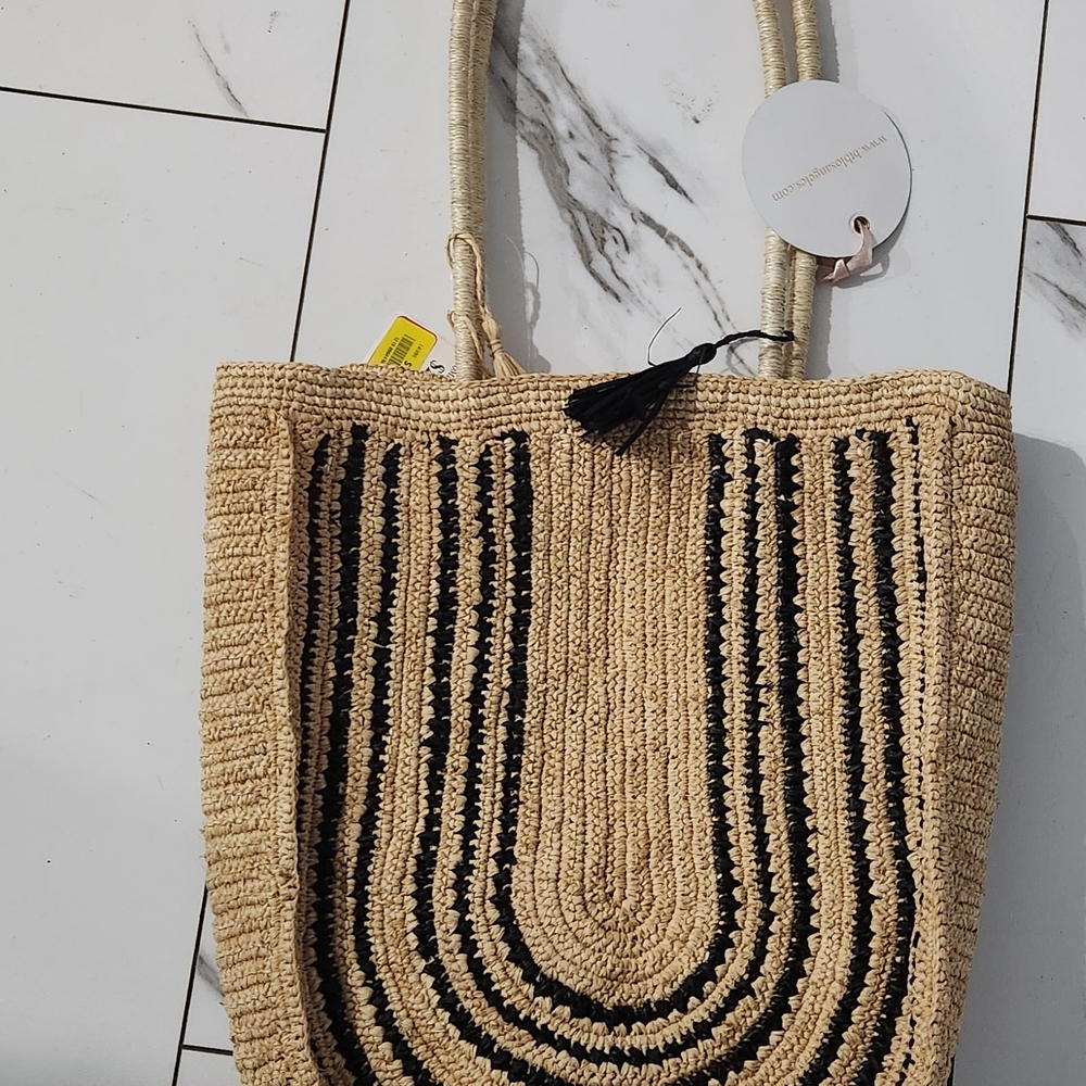 Handcrafted Straw Tote Bag with Black Accents